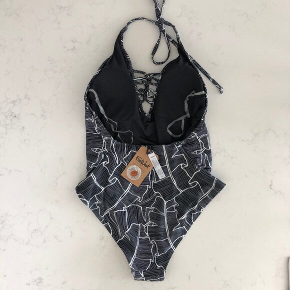 Far West V Neck Abstract Leaf Print Nylon One Piece Swimsuit Blk + Wht Sz S NWT - Picture 6 of 14